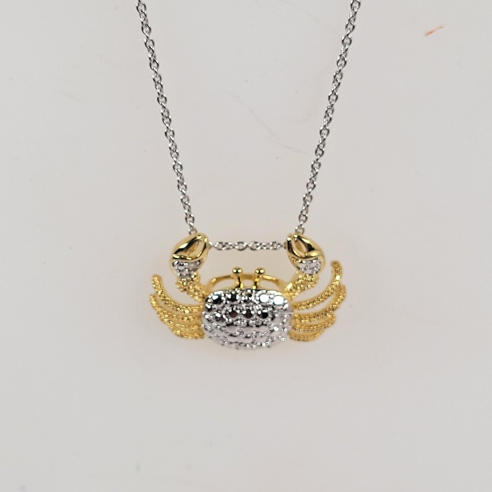 Crab Pendant Necklace Rhinestone Sea Life Beach Two Tone 18 in Statement Jewelry